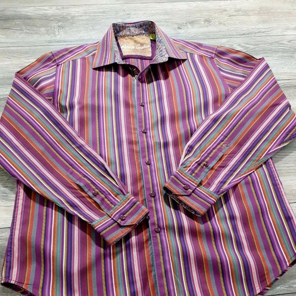 Robert Graham Mens Long Sleeve Shirt Large Designer Flip Cuff Embroidered Purple - Picture 2 of 12